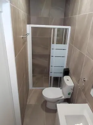 a small bathroom with a toilet and a shower at St. Lazaros Studios 2 in Larnaka
