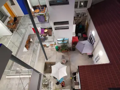 an overhead view of a patio with umbrellas at St. Lazaros Studios 2 in Larnaka
