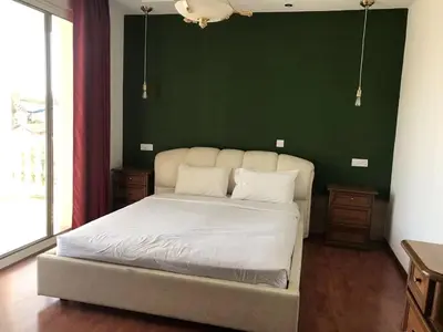 a bedroom with a large bed with a green wall at St Elena Boutique Residence in Larnaka