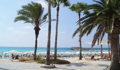 a beach with palm trees and the ocean at 2 bedroom with private garden, walk to Nissi Beach, communal swimming pool in Ayia Napa