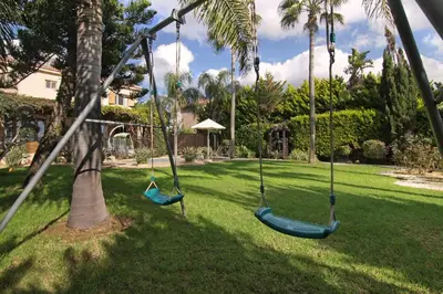 two swings hanging from palm trees in a yard at Villa Polina in Ayia Napa