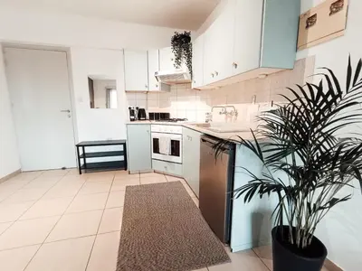 a kitchen with white cabinets and a potted plant at The Chalk in Larnaka