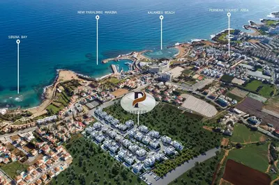 an aerial view of a city next to the ocean at Villa Queen Helena in Protaras