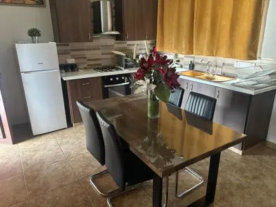 a kitchen with a table with a vase of flowers on it at Sofros To Apomero in Ayios Pavlos
