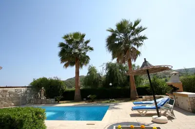 a swimming pool with a umbrella and two palm trees at Alonia Villas in Pissouri