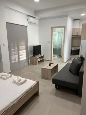 a living room with a bed and a couch and a tv at Modern city center studio saripolou in Limassol