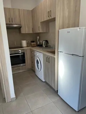 a kitchen with a white refrigerator and a dishwasher at Modern city center studio saripolou in Limassol