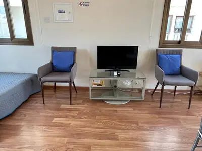a living room with two chairs and a television at Extremely comfy apt with spacious private terrace 10min walk to the beach & in Town in Larnaka