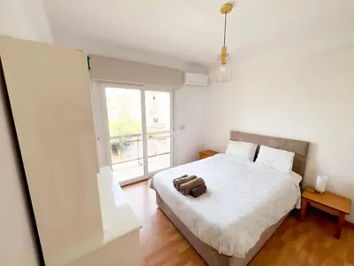 a bedroom with a bed with a pillow on it at Samson Sea Breeze, 3bed sleeps 6, free WiFi in Limassol