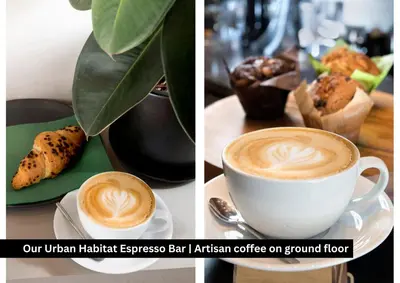 two pictures of a cup of coffee and a plate of food at Urban Condo 43 - 1 Bdr in Nicosia