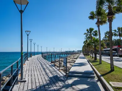 a boardwalk next to the ocean with palm trees at Sanders Elgio in Limassol
