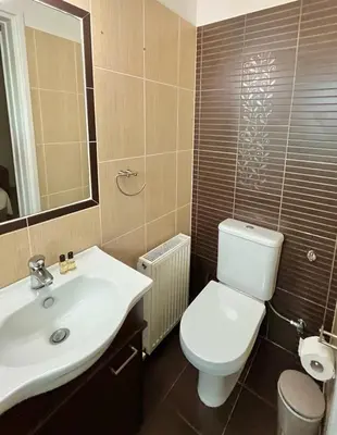 a bathroom with a white toilet and a sink at El Soleo Luxury Villa in Limassol