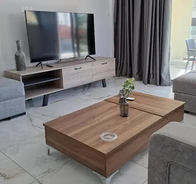 a living room with a television and a coffee table at ICEBUILD APARTMENTS in Nicosia