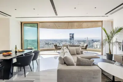 a living room with a couch and a table at 360 Nicosia-3 bedrooms Exclusive Panoramic View Residence in Nicosia