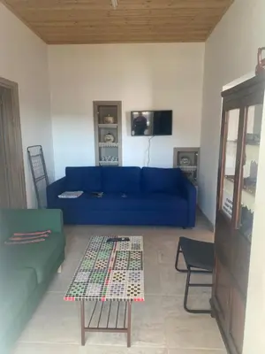a living room with a blue couch and a table at TheonikosHouse in Agros