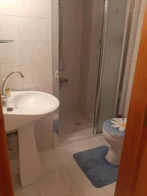 a bathroom with a shower and a sink and a toilet at Klimataria B2 in Pissouri