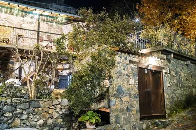 a stone building with a door and plants on it at Archontiko Rousias in Nicosia
