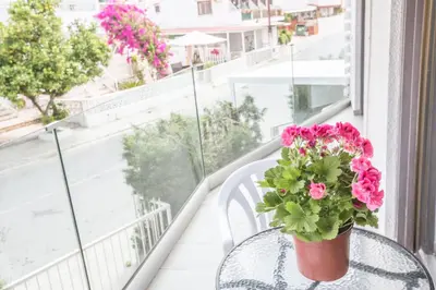 a vase of pink flowers sitting on a table on a balcony at Ayia Napa Holiday Apartment So4 in Ayia Napa