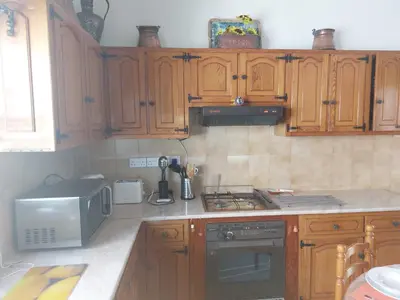 a kitchen with wooden cabinets and a stove and a microwave at Kyri's Place Larnaca in Larnaka