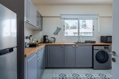 a kitchen with a sink and a washing machine at Vox 2-Bedroom Apartment in Larnaca in Larnaka