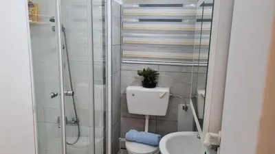 a small bathroom with a toilet and a shower at Elpida Lemon Garden House in Limassol