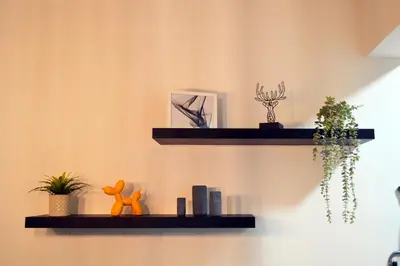 two shelves on a wall with plants and other items at Sweet Retreat in Paralimni