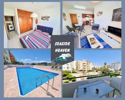 a collage of photos of a apartment with a swimming pool at Seaside Heaven Apartment With Pool in Larnaka