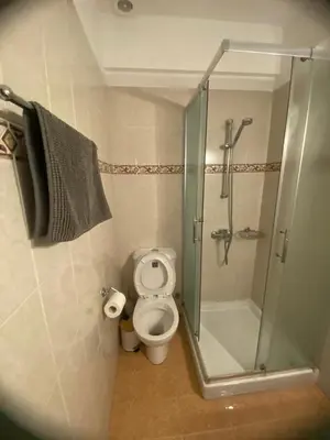 a bathroom with a toilet and a glass shower stall at Seaside Heaven Apartment With Pool in Larnaka