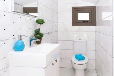 a white bathroom with a toilet and a sink at Villa Dina in Protaras