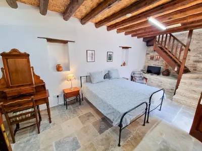 a bedroom with a bed and a piano at Aphrodite's Pool Retreat in Skarinou