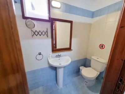a bathroom with a sink and a toilet and a mirror at Aphrodite's Pool Retreat in Skarinou